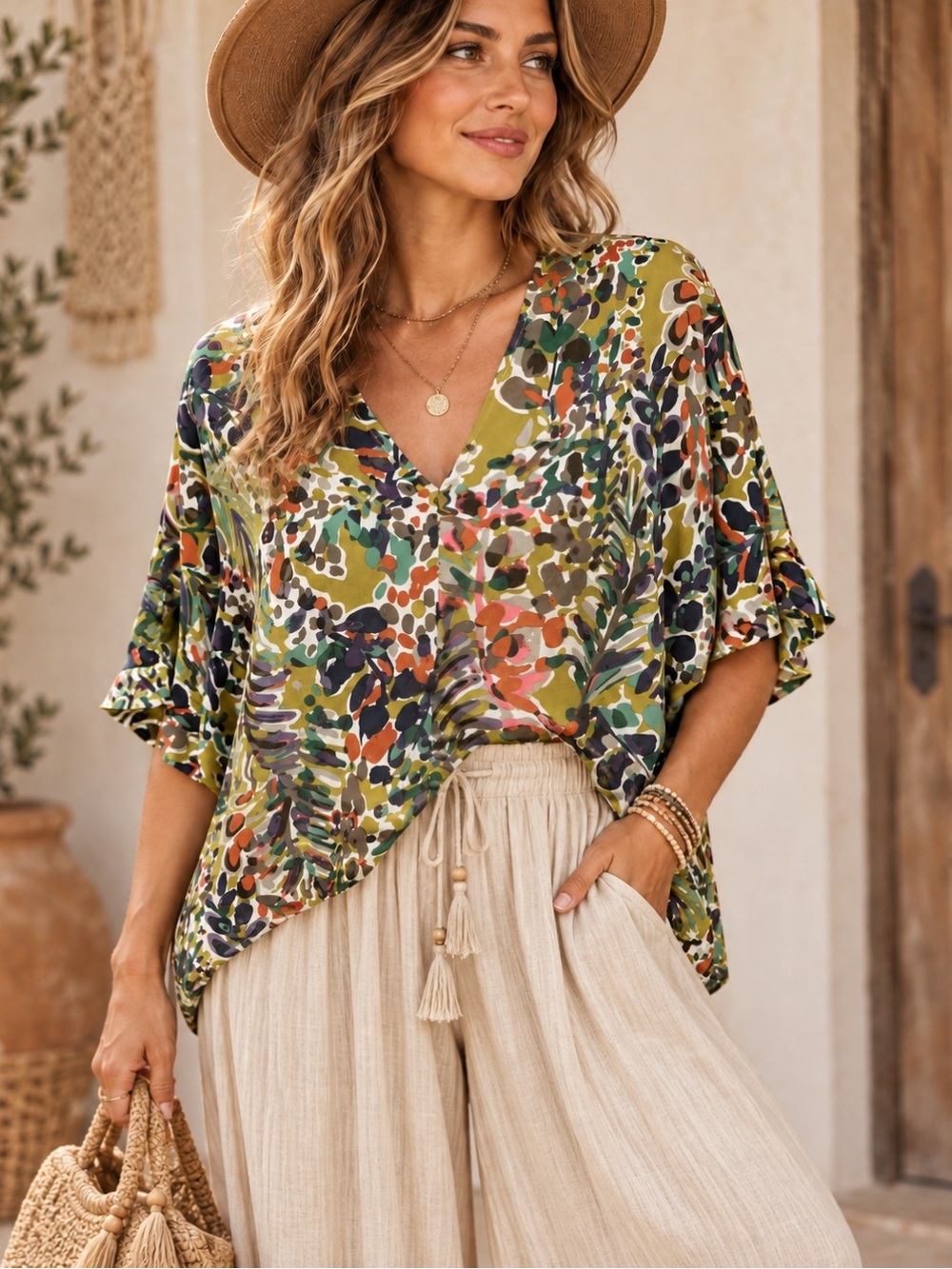 JODIFL size Small Boho Abstract Floral V-Neck Blouse